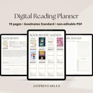 May include: A digital reading planner with a black and white design. The planner includes a book review agenda, a genre tracker, and a book review template. The planner is designed for use with Goodnotes.
