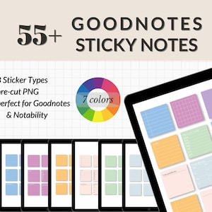 Op de afbeelding: Een digitaal tabletscherm met meer dan 55 voorgeknipte Goodnotes-kleefnotities in 7 kleuren. De notities zijn in verschillende stijlen, waaronder gestreept, geruit en blanco. De tekst "GOODNOTES 55+ STICKY NOTES" wordt bovenaan de afbeelding weergegeven.