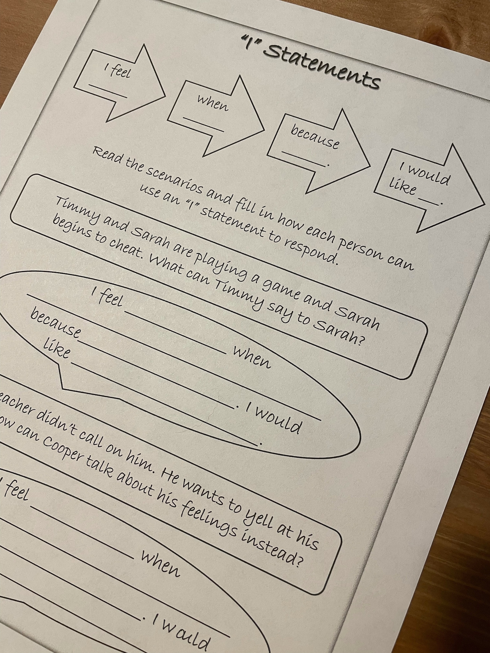 I Feel Statements Worksheet