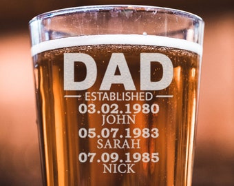Custom Dad Established 16oz Beer Glass For Dad, Special Gifts For Father's Day, Fathers Day Custom Glass, Add Your Kids Name And Birthdate