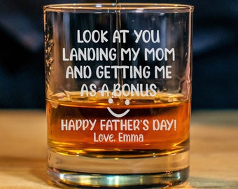 Personalized, Look At You Landing My Mom And Getting Me As A Bonus 11oz Whiskey Glass, Funny Step Dad Father's Day Gift Idea, For Bonus Dad