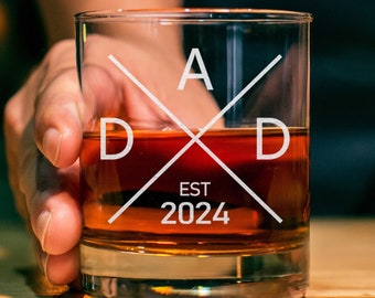 New Dad Whiskey Glass - First Time Dad Whiskey Glass - Gift For Dad - Dad Established 2023, 2024, 2025 Whiskey Glass, Dad Gifts, Rocks Glass