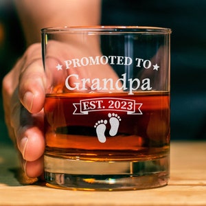 New Grandpa Gift, 11oz Whiskey Glass, Promoted To Grandpa Est 2022, 2023, 2024, Old Fashion Rocks, Engraved Custom, New Baby Announcement