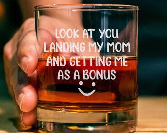 Look At You Landing My Mom And Getting Me As A Bonus 11oz Whiskey Glass, Funny Step Dad Father's Day Gift, Special Gift Idea For Bonus Dad