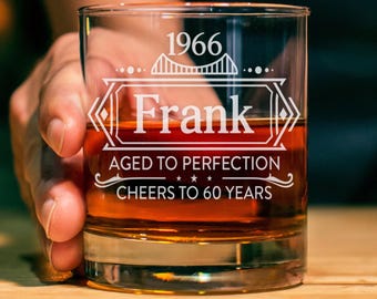 Aged To Perfection Whiskey Glass, Personalized Age and Name Birthday Gift for Him, Custom Engraved Old Fashioned Rocks Glass