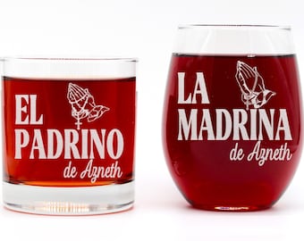 Custom Engraved Godparents Glass Gift Set, Communion Baptism Gift, Personalized Godparents Announcement Gifts, For El Padrino and La Madrina
