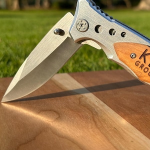 Personalized Wooden Handle Pocket Knife, Laser Engraved Tactical Folding Knife for Men, Groomsmen, Fathers Day, Birthday, Anniversary Gift