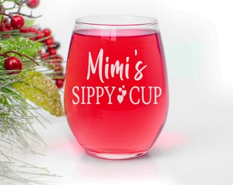 Mother&#39;s Day Mimi&#39;s Sippy Cup 15oz Engraved Wine Glass - For New Mini Again - Mimi Gifts for Grandma - Mimi Birthday Gifts - Mothers Day