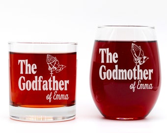 Custom Engraved Godparents Glass Gift Set - Communion Baptism Gift - Personalized Godparents Announcement Gifts - Will you be My Godparents