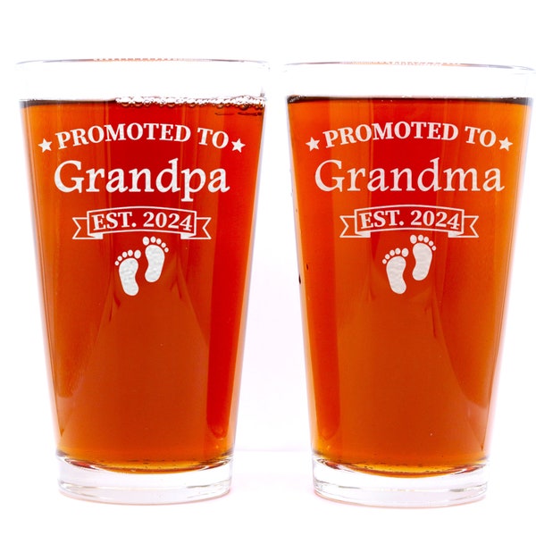 Promoted to Grandpa and Grandma Matching Glass Set- Grandparent Announcement Gifts- Engraved Beer Glass Set - 2022-2023-2024