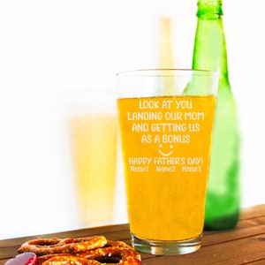 Look At You Landing Our Mom And Getting Us As A Bonus Personalized Beer Pint, Funny Step Dad Christmas Gift, Special For Best Stepfather image 4
