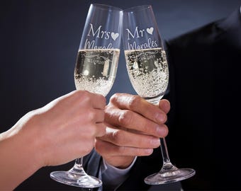 Engraved Mr & Mrs Champagne Flutes, Personalized Wedding Toasting Glasses, Set of 2