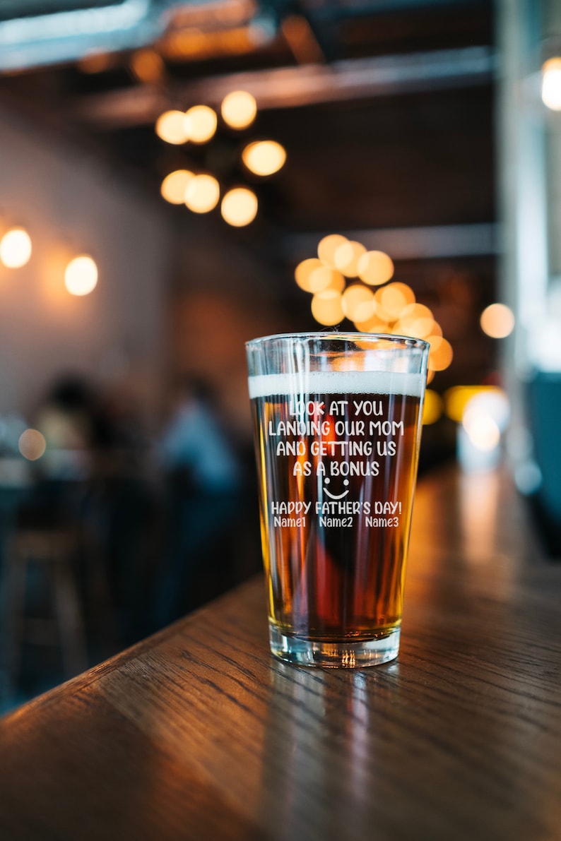 Look At You Landing Our Mom And Getting Us As A Bonus Personalized Beer Pint, Funny Step Dad Christmas Gift, Special For Best Stepfather image 5