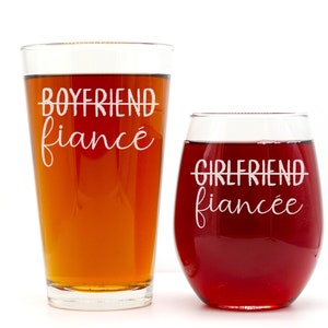 Boyfriend and Girlfriend Wine and Beer Glass Gift Set - Fiance and Fiancee for Him and Her - His and Hers, Mr and Mrs, Bride and Groom