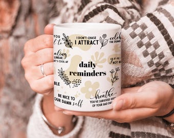 Personalized Daily Affirmations Mental Health Mug, Custom Motivational Coffee Cup, 11oz-15oz, White-Black, Daily Quote Gift, Gift for Her