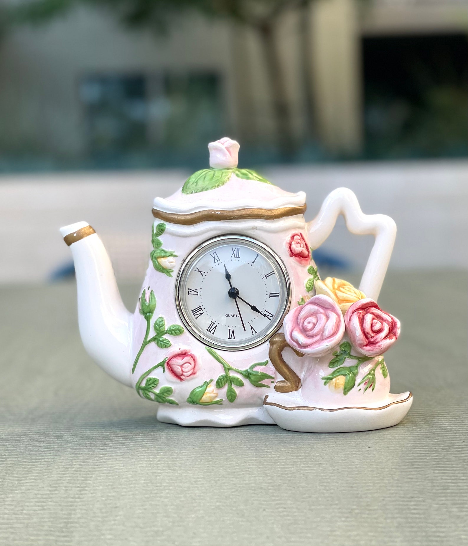 Flower Tea Kettle Clock Decoration Quartz Clock Miniature | Etsy
