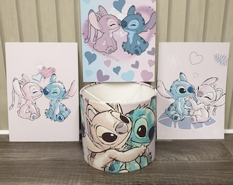 Stitch and Angel Handmade-Lampenschirm | Decken oder Tischlampenschirm plus passendes A4 Wall Art Set