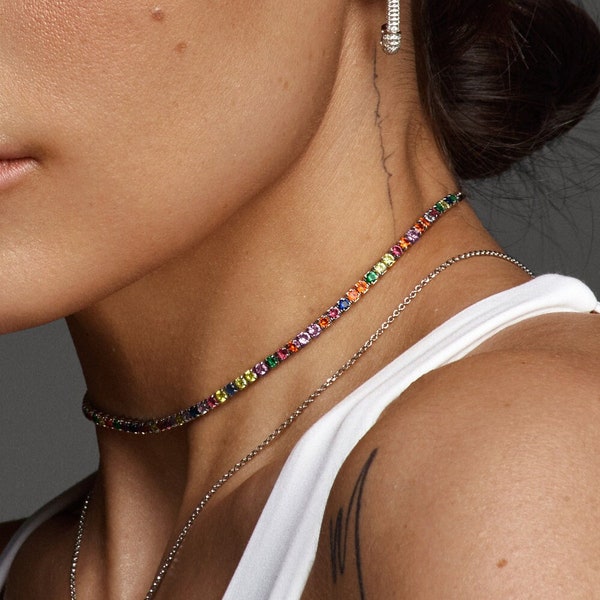 Stunning vibrant silver tennis chocker. Bright high carbon diamond tennis necklace. Colorful sterling silver 925 tiny choker.