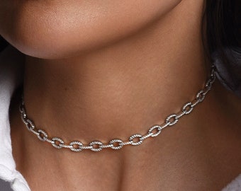 Lux chain choker with bright high carbon diamonds. Sterling silver 925 necklace. Double chain bracelet. For everyday and special evenings.