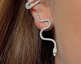 Sterling Silver Snake Stud Earrings: Emerald Green Eyes