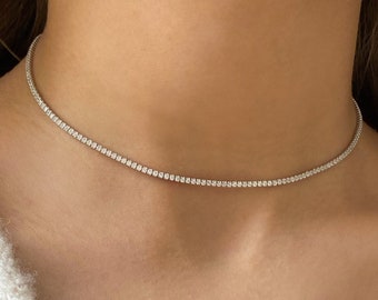 Sterling Silver 925 Small Diamond Choker, Tennis Chocker, Tiny Choker, Tennis Necklace