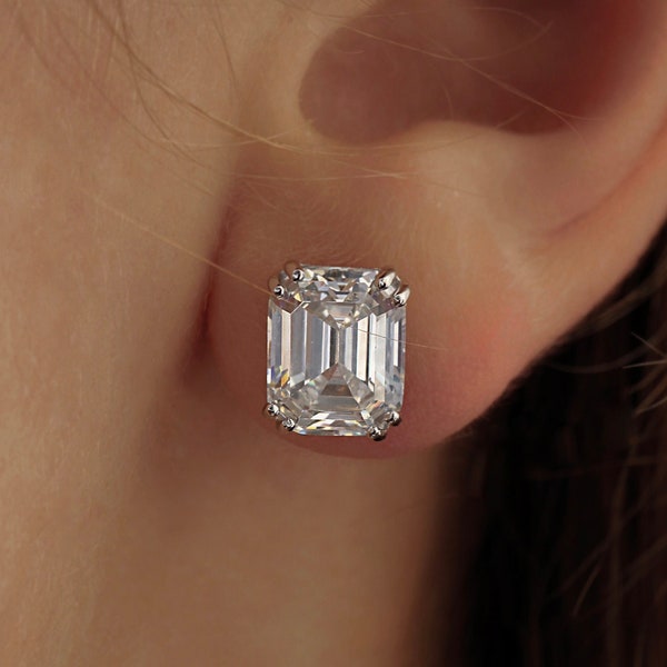 Big emerald cut high carbon diamond earrings. Stunning sterling silver 925 8A CZ studs.