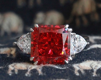 Ring with deep red high carbon diamond. Sterling 925 silver ring with scarlet stone. Ring with big ruby red stone.