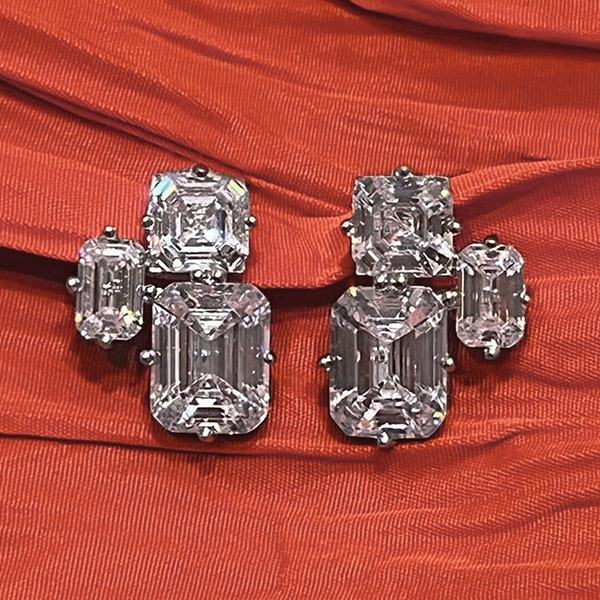 Three stones emerald cut high carbon diamond earrings. Stunning statement sterling silver 925 8A CZ studs. Beautiful earrings for evening.