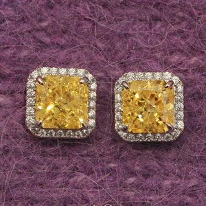 Gorgeous sunny yellow earrings. Sterling 925 silver studs with light yellow high carbon diamond. Earrings with big yellow stones.