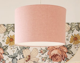 Pink Linen Pendant Lamp, Drum Lamp Shade made of 100% Natural Linen, Powder Pink Lamp for Kids, Hanging Lamp for Girl's Room