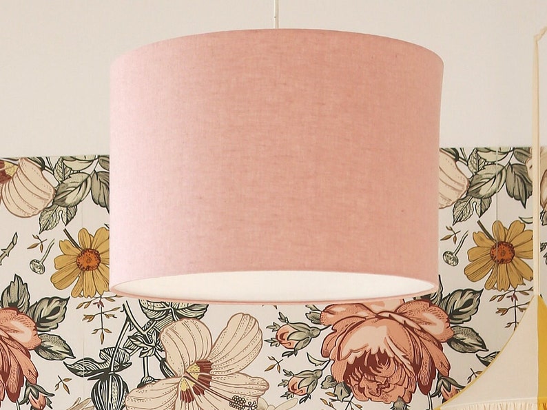 Pink Linen Pendant Lamp, Drum Lamp Shade made of 100% Natural Linen, Powder Pink Lamp for Kids, Hanging Lamp for Girl's Room image 1