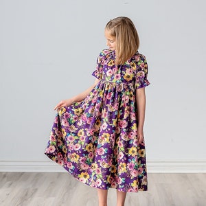 Girls Midi or Maxi Dress Purple Plum Floral Dress Girls Short Sleeve Flutter Option Sundress Tween Dress Size 4 5 6 7 8 10 12 14 image 1