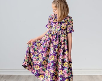 Girls Midi or Maxi Dress • Purple Plum Floral Dress • Girls Short Sleeve Flutter Option Sundress • Tween Dress • Size 4 5 6 7 8 10 12 14