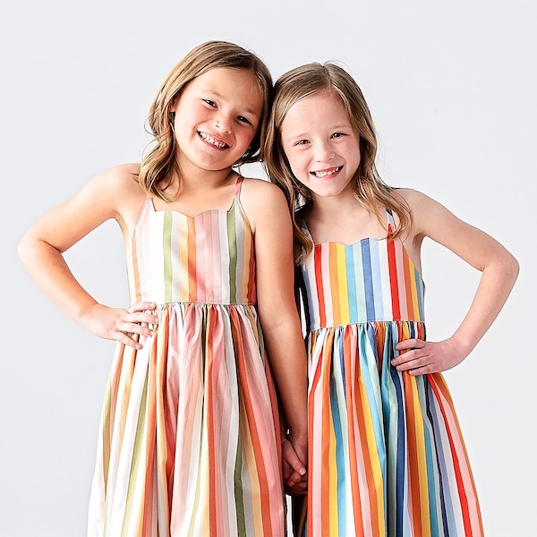 Girls Long Maxi Dress • Girls Soft Bright Rainbow Stripe Sun Dress • Girls Sweetheart neck Sundress • Tween Dress • Sizes 4 5 6 7 8 10 12 14