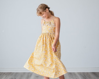 Girls Long Maxi or Midi Dress • Girls Yellow Floral Ruffled Lace detail Dress • Summer SunDress • Tween Scoop Neck • Sizes 4 5 6 7 8 10 12