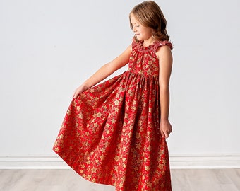 READY TO SHIP • Size 6 Girls Midi Dress • Girls Red Christmas Metallic Shooting Star Dress • Tween Holiday Hanukkah Dress