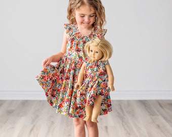 Girl & Doll matching dresses • Girls Rifle Paper Co floral flutter sleeve dress • Dolly and me outfit • Lengths Knee Midi or Maxi