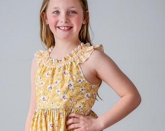 Girls Maxi or Midi Dress • Girls Honey Yellow Floral SunDress • Tween Twirling Summer Sun Dress • Sizes 4 5 6 7 8 10 12 14