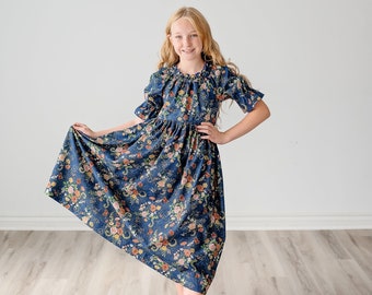 Girls Midi or Maxi Long Dress • Girls Denim Blue floral Dress • Elbow length sleeve • Tween or Toddler Dress • Size 2 3 4 5 6 7 8 10 12 14