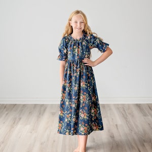Girls Midi or Maxi Long Dress Girls Denim Blue floral Dress Elbow length sleeve Tween or Toddler Dress Size 2 3 4 5 6 7 8 10 12 14 image 2
