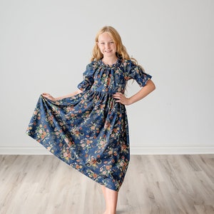 Girls Midi or Maxi Long Dress Girls Denim Blue floral Dress Elbow length sleeve Tween or Toddler Dress Size 2 3 4 5 6 7 8 10 12 14 image 1