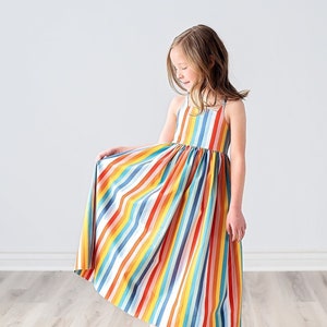 Girls Maxi or Midi Dress • Girls Bright Rainbow Stripe • Birthday Sun Dress • Girls Sundress • Summer Tween Dress • Sizes 2 4 5 6 8 10 12 14