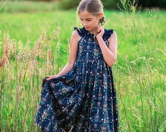 Girls Long Maxi or Midi Dress • Girls Midnight Navy Dress • Birthday Fall Family Picture • Tween Dress • Size 2 3 4 5 6 7 8 10 12 14