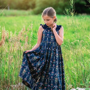 Girls Long Maxi or Midi Dress Girls Midnight Navy Dress Birthday Fall Family Picture Tween Dress Size 2 3 4 5 6 7 8 10 12 14 image 1