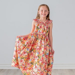 Girls Maxi or Midi Dress Girls Raspberry Coral Peach Floral SunDress Tween Twirling Birthday Summer Sun Dress Size 4 5 6 7 8 10 12 14 image 2