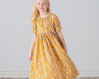 Girls Maxi or Midi Dress • Girls Butterscotch Yellow Floral SunDress • Tween Twirling Summer Sun Dress • Sizes 4 5 6 7 8 10 12 14