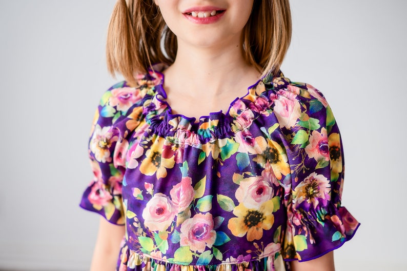 Girls Midi or Maxi Dress Purple Plum Floral Dress Girls Short Sleeve Flutter Option Sundress Tween Dress Size 4 5 6 7 8 10 12 14 image 5