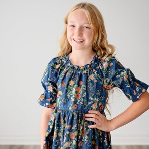 Girls Midi or Maxi Long Dress Girls Denim Blue floral Dress Elbow length sleeve Tween or Toddler Dress Size 2 3 4 5 6 7 8 10 12 14 image 4