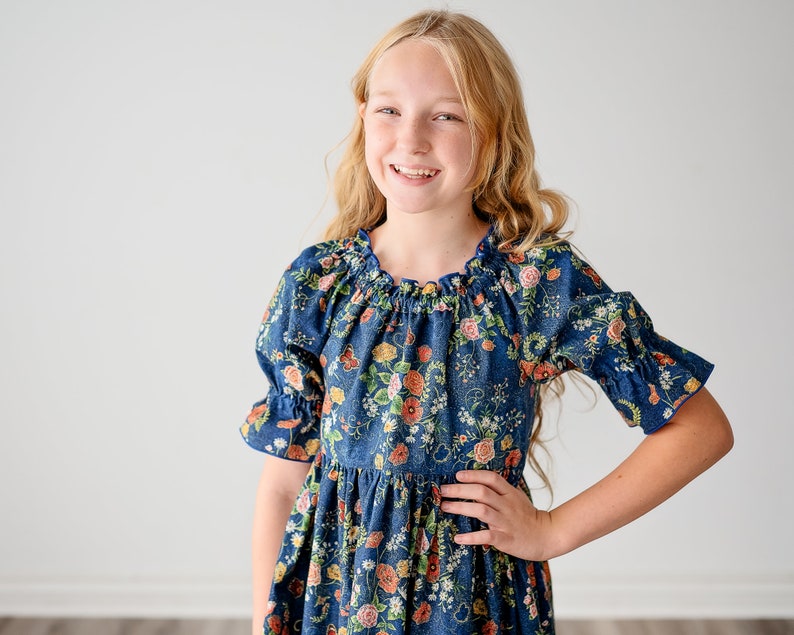 Girls Midi or Maxi Long Dress Girls Denim Blue floral Dress Elbow length sleeve Tween or Toddler Dress Size 2 3 4 5 6 7 8 10 12 14 image 4