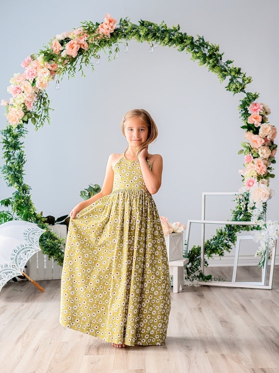 Girls Maxi or Midi Dress Girls Green Daisy Sun Dress Girls Twirling Twirly Summer Sundress Tween Dress Size 4 5 6 7 8 10 12 14 Etsy